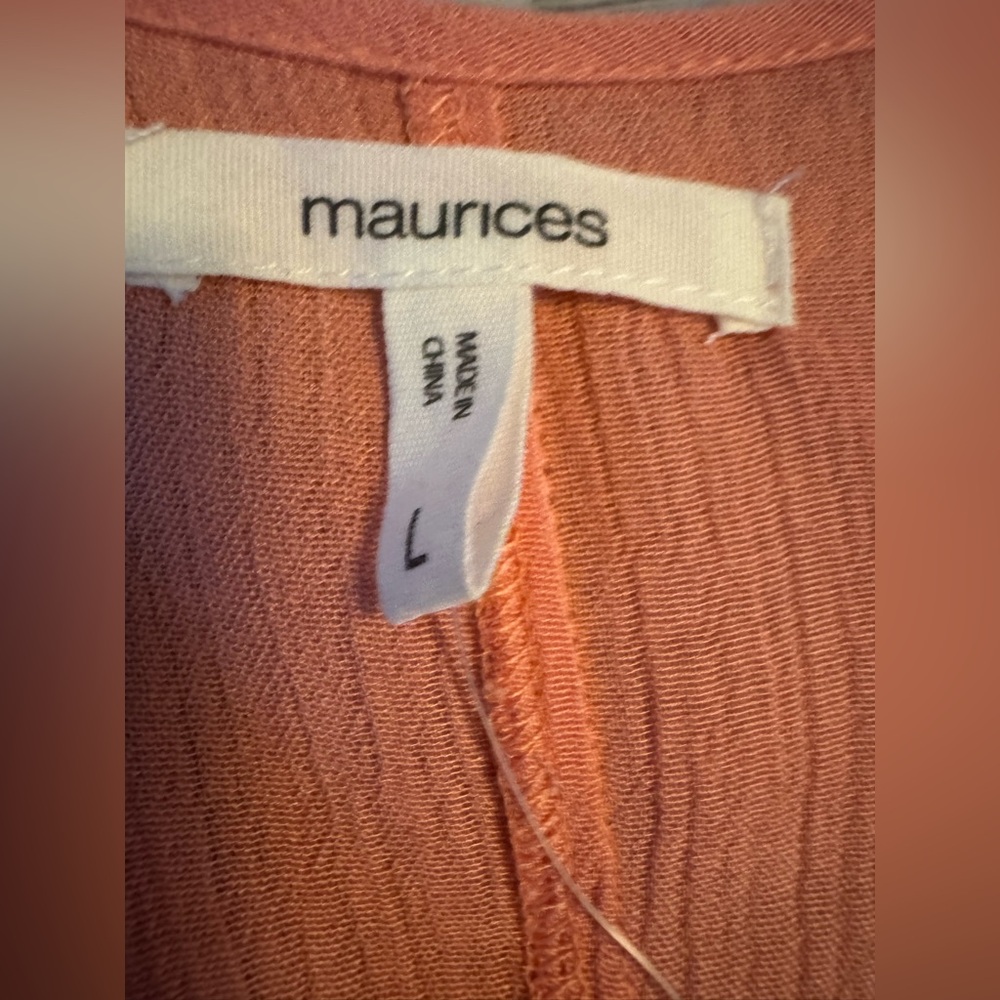 Maurices Peachy Coral Hue Embroidered Long Tunic Cover Up w/ Front Ties & Slits - Picture 3 of 12